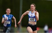 9 July 2022; Katie Doherty of Ratoath AC, Meath, right, on her way to winning the under 16 girls 100m during day two of the Irish Life Health National Juvenile Track and Field Championships at Tullamore Harriers Stadium in Tullamore, Offaly. Photo by Sam Barnes/Sportsfile