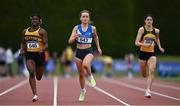 9 July 2022; Leila Colfer of St Laurence O'Toole AC, Carlow, on her way to winning the under 17 girls 100m, ahead of Fatima Amusa of Leevale AC, Cork, left, during day two of the Irish Life Health National Juvenile Track and Field Championships at Tullamore Harriers Stadium in Tullamore, Offaly. Photo by Sam Barnes/Sportsfile