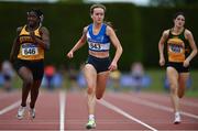 9 July 2022; Leila Colfer of St Laurence O'Toole AC, Carlow, centre, on her way to winning the under 17 girls 100m, ahead of Fatima Amusa of Leevale AC, Cork, left, during day two of the Irish Life Health National Juvenile Track and Field Championships at Tullamore Harriers Stadium in Tullamore, Offaly. Photo by Sam Barnes/Sportsfile