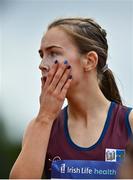 9 July 2022; Megan Lynch of Lios Tuathail AC, Kerry, reacts after winning the under 19 girls 100m during day two of the Irish Life Health National Juvenile Track and Field Championships at Tullamore Harriers Stadium in Tullamore, Offaly. Photo by Sam Barnes/Sportsfile