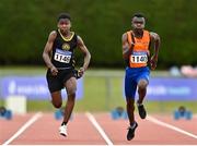 9 July 2022; Christopher Diosansma of Nenagh Olympic AC, Tipperary, right, on his way to winning under 14 boys 80m, ahead of Joshua Adeniran of Dunleer AC, Louth, during day two of the Irish Life Health National Juvenile Track and Field Championships at Tullamore Harriers Stadium in Tullamore, Offaly. Photo by Sam Barnes/Sportsfile