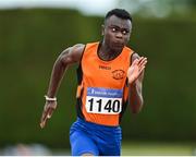 9 July 2022; Christopher Diosansma of Nenagh Olympic AC, Tipperary, on his way to winning the under 14 boys 80m during day two of the Irish Life Health National Juvenile Track and Field Championships at Tullamore Harriers Stadium in Tullamore, Offaly. Photo by Sam Barnes/Sportsfile