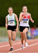 9 July 2022; Angela Cielecka of Galway City Harriers AC, right, on her way to winning the under 15 girls 100m during day two of the Irish Life Health National Juvenile Track and Field Championships at Tullamore Harriers Stadium in Tullamore, Offaly. Photo by Sam Barnes/Sportsfile
