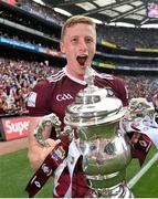 9 July 2022; Ray Connellan of Westmeath celebrates with the trophy after his side's victory in the Tailteann Cup Final match between Cavan and Westmeath at Croke Park in Dublin. Photo by Seb Daly/Sportsfile