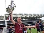 9 July 2022; Ger Egan of Westmeath celebrates with the trophy after his side's victory in the Tailteann Cup Final match between Cavan and Westmeath at Croke Park in Dublin. Photo by Seb Daly/Sportsfile