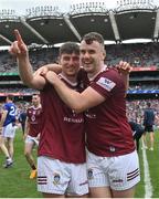 9 July 2022; Jack Smith, left, and Jamie Gonoud of Westmeath celebrate after their side's victory in the Tailteann Cup Final match between Cavan and Westmeath at Croke Park in Dublin. Photo by Seb Daly/Sportsfile