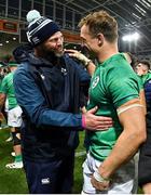 9 July 2022; Ireland assistant coach Peter Wilkins, left, and Josh van der Flier celebrate victory after the Steinlager Series match between the New Zealand and Ireland at the Forsyth Barr Stadium in Dunedin, New Zealand. Photo by Brendan Moran/Sportsfile