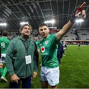 9 July 2022; IRFU performance director David Nucifora, left, and Hugo Keenan after the Steinlager Series match between the New Zealand and Ireland at the Forsyth Barr Stadium in Dunedin, New Zealand. Photo by Brendan Moran/Sportsfile