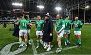 9 July 2022; Ireland players, from left, Tadhg Furlong, James Lowe, Kieran Treadwell, Hugo Keenan, Garry Ringrose, Mack Hansen, Conor Murray and Joey Carbery celebrate victory after the Steinlager Series match between the New Zealand and Ireland at the Forsyth Barr Stadium in Dunedin, New Zealand. Photo by Brendan Moran/Sportsfile