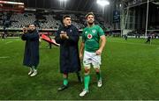 9 July 2022; Ireland players, from left, Jamison Gibson Park, Dan Sheehan and Caelan Doris celebrate victory after the Steinlager Series match between the New Zealand and Ireland at the Forsyth Barr Stadium in Dunedin, New Zealand. Photo by Brendan Moran/Sportsfile