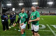 9 July 2022; Ireland players Joey Carbery, left, and Peter O’Mahony celebrate victory after the Steinlager Series match between the New Zealand and Ireland at the Forsyth Barr Stadium in Dunedin, New Zealand. Photo by Brendan Moran/Sportsfile