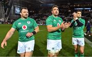 9 July 2022; Ireland players, from left, Cian Healy, Jack Conan and Conor Murray celebrate victory after the Steinlager Series match between the New Zealand and Ireland at the Forsyth Barr Stadium in Dunedin, New Zealand. Photo by Brendan Moran/Sportsfile