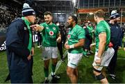 9 July 2022; Ireland players, from left, Garry Ringrose, Robbie Henshaw and Bundee Aki celebrate victory after the Steinlager Series match between the New Zealand and Ireland at the Forsyth Barr Stadium in Dunedin, New Zealand. Photo by Brendan Moran/Sportsfile