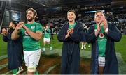 9 July 2022; Ireland players, from left, Caelan Doris, Jonathan Sexton and Tadhg Furlong celebrate victory after the Steinlager Series match between the New Zealand and Ireland at the Forsyth Barr Stadium in Dunedin, New Zealand. Photo by Brendan Moran/Sportsfile