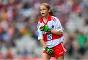 9 July 2022; Caitlin Sheridan, Christian Brothers' PS, Greenpark, Keady Road, Armagh, representing Derry, during the INTO Cumann na mBunscol GAA Respect Exhibition Go Games at half-time of the GAA Football All-Ireland Senior Championship Semi-Final match between Galway and Derry at Croke Park in Dublin. Photo by Ramsey Cardy/Sportsfile