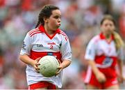 9 July 2022; Eve McGovern, St Joseph's P.S. Meigh, Killeavy, Armagh, representing Derry, during the INTO Cumann na mBunscol GAA Respect Exhibition Go Games at half-time of the GAA Football All-Ireland Senior Championship Semi-Final match between Galway and Derry at Croke Park in Dublin. Photo by Ramsey Cardy/Sportsfile