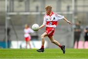 9 July 2022; Nathan Duffy, Lisdoonan N.S., Carrickmacross, Monaghan, representing Derry, during the INTO Cumann na mBunscol GAA Respect Exhibition Go Games at half-time of the GAA Football All-Ireland Senior Championship Semi-Final match between Galway and Derry at Croke Park in Dublin. Photo by Stephen McCarthy/Sportsfile