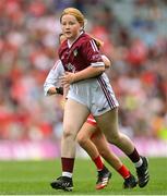 9 July 2022; Doireann Mullen, St. Benins N.S., Kilbannon, Tuam, Galway, representing Galway, during the INTO Cumann na mBunscol GAA Respect Exhibition Go Games at half-time of the GAA Football All-Ireland Senior Championship Semi-Final match between Galway and Derry at Croke Park in Dublin. Photo by Ramsey Cardy/Sportsfile
