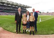 9 July 2022; Uachtarán Chumann Lúthchleas Gael Larry McCarthy, INTO General Secretary John Boyle, and Cumann na mBunscol Chairperson Mairéad O'Callaghan, with Referee Jenny Lennon, St. Mary’s P.S., Rathfriland, Down and Referee Cormac Watterson, St Patrick’s P.S., Downpatrick, Down, ahead of the INTO Cumann na mBunscol GAA Respect Exhibition Go Games before the GAA Football All-Ireland Senior Championship Semi-Final match between Galway and Derry at Croke Park in Dublin. Photo by Daire Brennan/Sportsfile