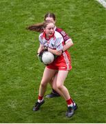 9 July 2022; Laura Quinn, Scoil Aodh Rua agus Nuala, Donegal, representing Derry, during the INTO Cumann na mBunscol GAA Respect Exhibition Go Games before the GAA Football All-Ireland Senior Championship Semi-Final match between Galway and Derry at Croke Park in Dublin. Photo by Daire Brennan/Sportsfile