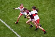 9 July 2022; Sian Bolger, St Brendans N.S., Muckalee, Kilkenny, representing Galway, in action against, Sarah Rice, St Malachy’s P.S., Castlewellan, Down, left, and Eva O'Donoghue, St Mary's N.S., Donnybrook, Dublin, representing Derry, during the INTO Cumann na mBunscol GAA Respect Exhibition Go Games before the GAA Football All-Ireland Senior Championship Semi-Final match between Galway and Derry at Croke Park in Dublin. Photo by Daire Brennan/Sportsfile