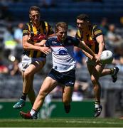 10 July 2022; Brian Coughlan of New York in action against Tom Aylward, left, and Paul Murphy of Kilkenny during the GAA Football All-Ireland Junior Championship Final match between Kilkenny and New York at Croke Park in Dublin. Photo by Stephen McCarthy/Sportsfile