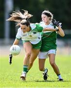 10 July 2022; Amy Ryan of Limerick in action against Sarah Britton of Fermanagh during theTG4 All-Ireland Ladies Football Junior Championship Semi-Final match between Fermanagh and Limerick at St Brigid’s GAA club in Kiltoom, Roscommon. Photo by David Fitzgerald/Sportsfile