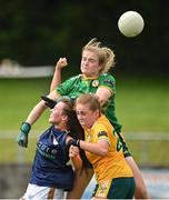 10 July 2022; Sinéad Hayden of Carlow in action against Megan McGarryand Anna McCann of Antrim during the TG4 All-Ireland Ladies Football Junior Championship Semi-Final match between Antrim and Carlow at Lann Léire GAA club in Dunleer, Louth. Photo by Oliver McVeigh/Sportsfile