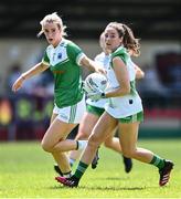 10 July 2022; Kristine Reidy of Limerick in action against Sarah McCarville of Fermanagh during the TG4 All-Ireland Ladies Football Junior Championship Semi-Final match between Fermanagh and Limerick at St Brigid’s GAA club in Kiltoom, Roscommon. Photo by David Fitzgerald/Sportsfile