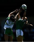 10 July 2022; Cliodhna McElroy of Fermanagh in action against Lauren Ryan of Limerick during the TG4 All-Ireland Ladies Football Junior Championship Semi-Final match between Fermanagh and Limerick at St Brigid’s GAA club in Kiltoom, Roscommon. Photo by David Fitzgerald/Sportsfile