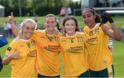 10 July 2022; Ellie Murphy, Áine Tubridy, Saoirse Tennyson and Omolara Dahunsi of Antrim celebrate after the TG4 All-Ireland Ladies Football Junior Championship Semi-Final match between Antrim and Carlow at Lann Léire GAA club in Dunleer, Louth. Photo by Oliver McVeigh/Sportsfile