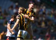 10 July 2022; John Walsh of Kilkenny, right, celebrates with team-mate David Moran, after scoring his side's third goal, during the GAA Football All-Ireland Junior Championship Final match between Kilkenny and New York at Croke Park in Dublin. Photo by Daire Brennan/Sportsfile
