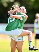 10 July 2022; Elaine Maguire, right, and Laura Grew of Fermanagh celebrate after the TG4 All-Ireland Ladies Football Junior Championship Semi-Final match between Fermanagh and Limerick at St Brigid’s GAA club in Kiltoom, Roscommon. Photo by David Fitzgerald/Sportsfile