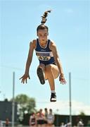 10 July 2022; Katie Louise McMonagle of Finn Valley AC, Co Donegal, competing in the under 15 girls long jump   during day three of the Irish Life Health National Juvenile Track and Field Championships at Tullamore Harriers Stadium in Tullamore, Offaly. Photo by Diarmuid Greene/Sportsfile