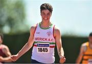 10 July 2022; Darragh Murphy of Limerick AC, celebrates after winning the the under 19 boys 200m final during day three of the Irish Life Health National Juvenile Track and Field Championships at Tullamore Harriers Stadium in Tullamore, Offaly. Photo by Diarmuid Greene/Sportsfile