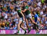 10 July 2022; Seán O'Shea of Kerry, left, celebrates with teammate David Clifford after scoring their side's first goal during the GAA Football All-Ireland Senior Championship Semi-Final match between Dublin and Kerry at Croke Park in Dublin. Photo by Piaras Ó Mídheach/Sportsfile