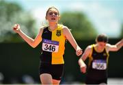 10 July 2022; Molly Daly of Kilkenny City Harriers AC celebrates winning the u15 girls 200m final during day three of the Irish Life Health National Juvenile Track and Field Championships at Tullamore Harriers Stadium in Tullamore, Offaly. Photo by Diarmuid Greene/Sportsfile