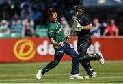 10 July 2022; Curtis Campher of Ireland celebrate after claiming the wicket to New Zealand's Tom Latham, lbw, during the Men's One Day International match between Ireland and New Zealand at Malahide Cricket Club in Dublin. Photo by Seb Daly/Sportsfile