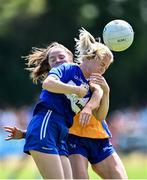 10 July 2022; Rachel Williams of Laois in action against Róisín Considine of Clare during the TG4 All-Ireland Ladies Football Intermediate Championship Semi-Final match between Clare and Laois at St Brigid’s GAA club in Kiltoom, Roscommon. Photo by David Fitzgerald/Sportsfile