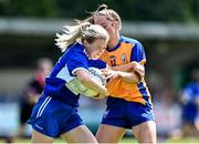 10 July 2022; Rachel Williams of Laois in action against Róisín Considine of Clare during the TG4 All-Ireland Ladies Football Intermediate Championship Semi-Final match between Clare and Laois at St Brigid’s GAA club in Kiltoom, Roscommon. Photo by David Fitzgerald/Sportsfile
