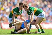 10 July 2022; Lee Gannon of Dublin is tackled by Brian Ó Beaglaíoch, left, and Gavin White of Kerry during the GAA Football All-Ireland Senior Championship Semi-Final match between Dublin and Kerry at Croke Park in Dublin. Photo by Ramsey Cardy/Sportsfile