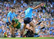 10 July 2022; Seán O'Shea of Kerry in action against Dublin players, from left, Eoin Murchan, James McCarthy and goalkeeper Evan Comerford during the GAA Football All-Ireland Senior Championship Semi-Final match between Dublin and Kerry at Croke Park in Dublin. Photo by Stephen McCarthy/Sportsfile
