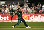 10 July 2022; Curtis Campher of Ireland celebrates after claiming the wicket of New Zealand's Martin Guptill during the Men's One Day International match between Ireland and New Zealand at Malahide Cricket Club in Dublin. Photo by Seb Daly/Sportsfile
