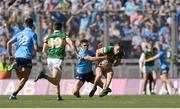 10 July 2022; David Clifford of Kerry is fouled by David Byrne of Dublin, resulting in a free for Kerry in the final minute of the game, during the GAA Football All-Ireland Senior Championship Semi-Final match between Dublin and Kerry at Croke Park in Dublin. Photo by Stephen McCarthy/Sportsfile