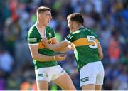 10 July 2022; Diarmuid O'Connor, left, and Brian Ó Beaglaíoch of Kerry celebrate after the final whistle of the GAA Football All-Ireland Senior Championship Semi-Final match between Dublin and Kerry at Croke Park in Dublin. Photo by Stephen McCarthy/Sportsfile