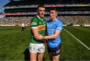 10 July 2022; Seán O'Shea of Kerry and Lee Gannon of Dublin after the GAA Football All-Ireland Senior Championship Semi-Final match between Dublin and Kerry at Croke Park in Dublin. Photo by Ramsey Cardy/Sportsfile