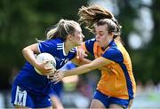 10 July 2022; Aimee Kelly of Laois in action against Gráinne Nolan of Clare during the TG4 All-Ireland Ladies Football Intermediate Championship Semi-Final match between Clare and Laois at St Brigid’s GAA club in Kiltoom, Roscommon. Photo by Brendan Moran/Sportsfile