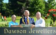 10 July 2022; Michael Finlan of Castle Golf Club, left, and his son Stephen Finlan of Grange Castle Golf Club, pictured with the trophy alongside Sponsor and owner of Dawson Jewellers Ken McDonagh, centre, after winning the All Ireland Father & Son Foursomes 2022 – 60th Anniversary, at Castle Golf Club in Rathfarnham, Dublin. Photo by Sam Barnes/Sportsfile