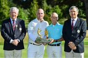 10 July 2022; In attendance are, from left, Castle Golf Club captain Declan Allen, Stephen Finlan of Grange Castle Golf Club, Michael Finlan of Castle Golf Club, and Competition chairman Lee Healion, with the trophy during the All Ireland Father & Son Foursomes 2022 – 60th Anniversary -  at Castle Golf Club in Rathfarnham, Dublin. Photo by Sam Barnes/Sportsfile