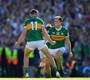 10 July 2022; Kerry players, from left, Seán O'Shea and Adrian Spillane celebrate at the finnsl whistle of the GAA Football All-Ireland Senior Championship Semi-Final match between Dublin and Kerry at Croke Park in Dublin. Photo by Ray McManus/Sportsfile
